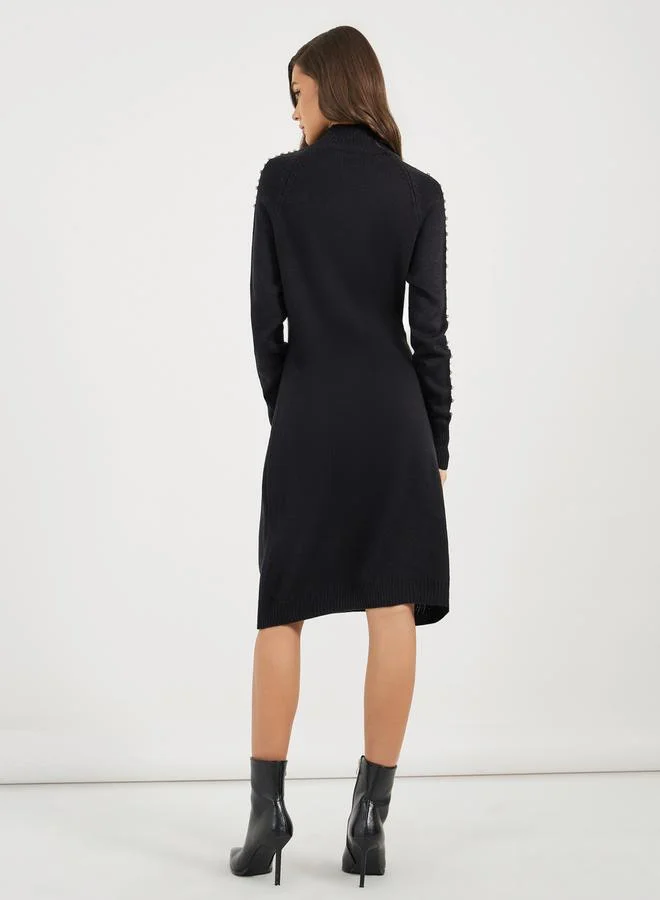 Styli Heart Cut Out Embellished Sweater Knee Length Dress