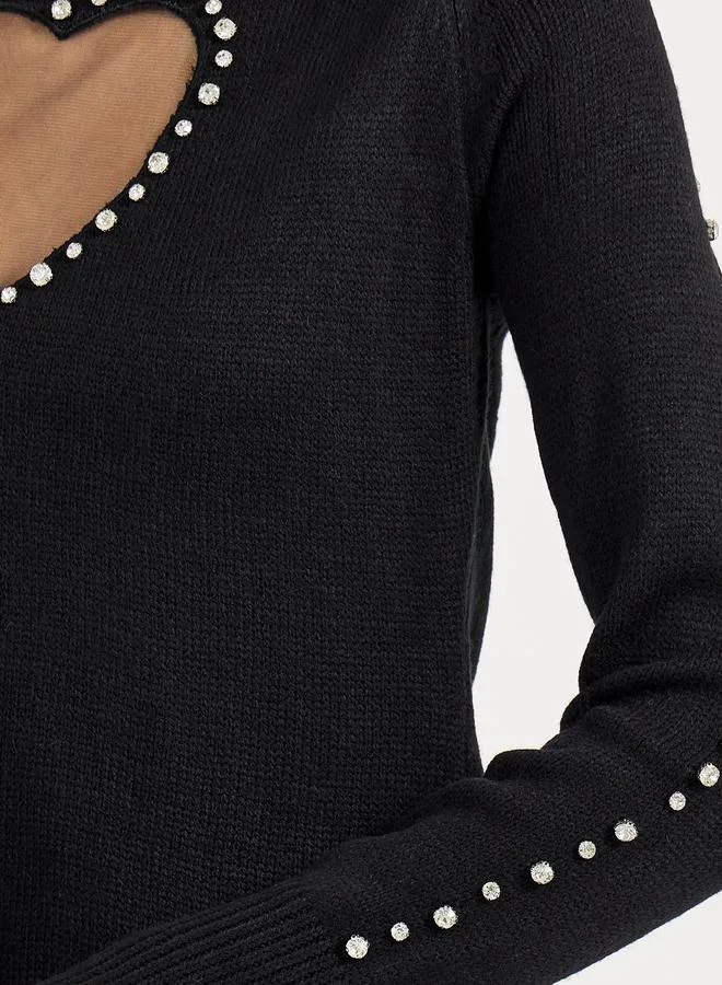 Styli Heart Cut Out Embellished Sweater Knee Length Dress