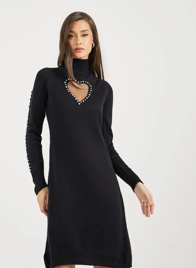 Styli Heart Cut Out Embellished Sweater Knee Length Dress