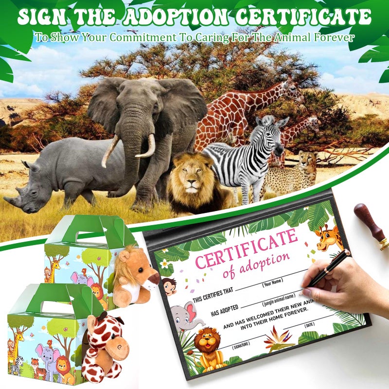 Jiytivity 38 Pcs Safari Jungle Party Favors Include 12 Foldable Paper Boxes 12 Forest Mini Stuffed Animals 12 Adoption Cards 1 Adoption Signs 1 Fence for Jungle Party Supplies Adopt a Jungle Animal Favors - Image 4