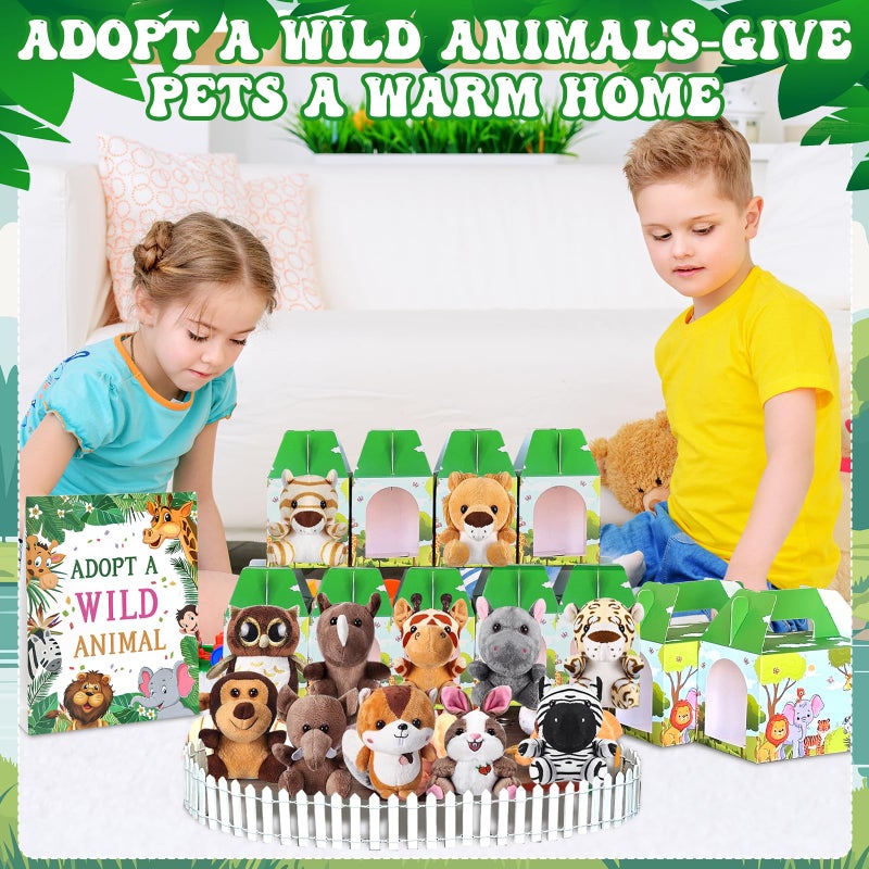 Jiytivity 38 Pcs Safari Jungle Party Favors Include 12 Foldable Paper Boxes 12 Forest Mini Stuffed Animals 12 Adoption Cards 1 Adoption Signs 1 Fence for Jungle Party Supplies Adopt a Jungle Animal Favors - Image 5
