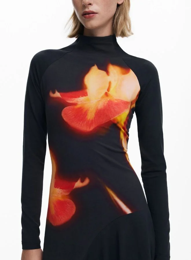 DESIGUAL black with orange and yellow floral print Asymmetric Fitted Dress for Women | Best Price UAE