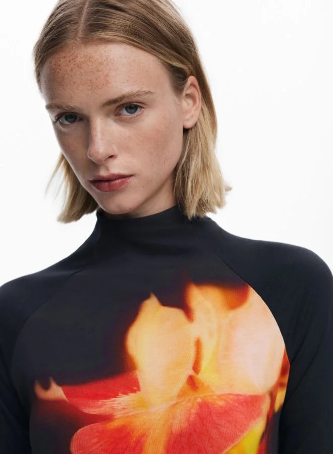 DESIGUAL black with orange and yellow floral print Asymmetric Fitted Dress for Women | Best Price UAE