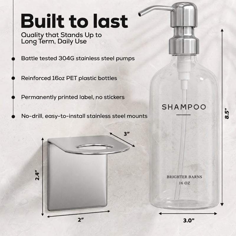 Brighter Barns Clear Shampoo and Conditioner Dispenser Set Wall Mounted by - Wall Mounted Shower Shampoo Dispenser for Shower Wall - Refillable Shower Soap Bottles 3 Chamber No Drill (Clear/Silver) - Image 3
