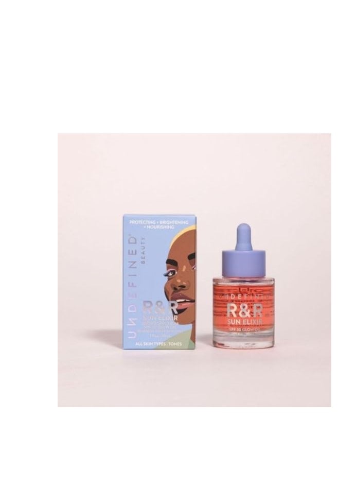Undefined Undefined Beauty R&R Sun Elixir Broad Spectrum SPF 30 Glow Oil infused with Vitamin C, Amla, Tsubaki Seed, Milk Thistle to brighten, protect and nourish, face oil, hair oil, scalp oil, body oil  - Image 1
