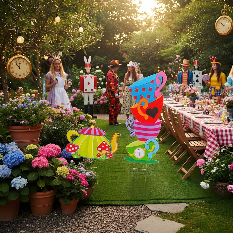 BRALEO Alice Party Decorations Wonderland Yard Decor,Garden Tea Party Decorations Yard Stakes Stand Set, 1 Set Stacked Teacups and 1 Set Teapot with Brackets - Image 3