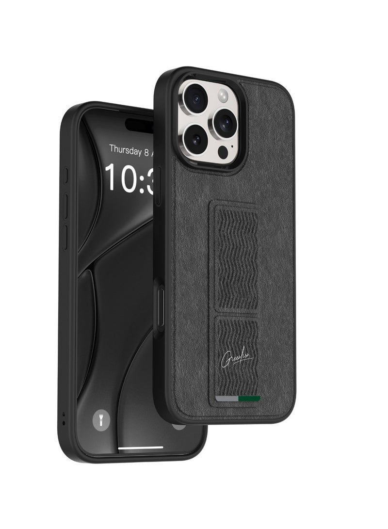 GREEN LION iPhone 16 Pro Max Case Grip-X Multi-Functional Kickstand Cover / Camera Protection / Drop Protection / Leather Finish / Raised Edges / Anti Scratch / Soft Touch - Black