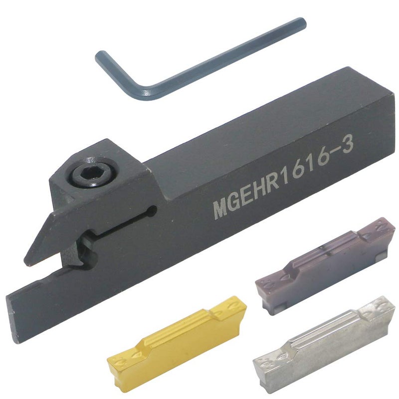 LingGan CNC Lathe Grooving Tool Holder MGEHR1616-3(0.63 Inch), with Three MGMN300 Cemented Carbide Blades. Yellow Processed Steel, Fuchsia Processed Stainless Steel, Silver Processed Aluminum Alloy. (3mm) - Image 1