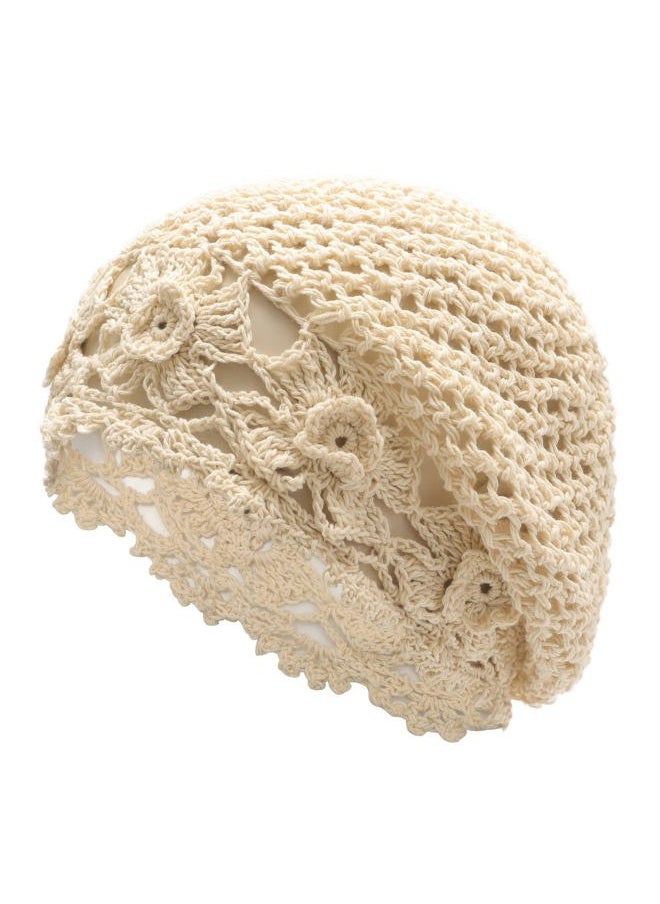 ZLYC Women Cotton Crochet Slouchy Beanie Hat Handmade Knit Cutout Summer Floral Skull Cap (Flowers Beige)  - Image 1