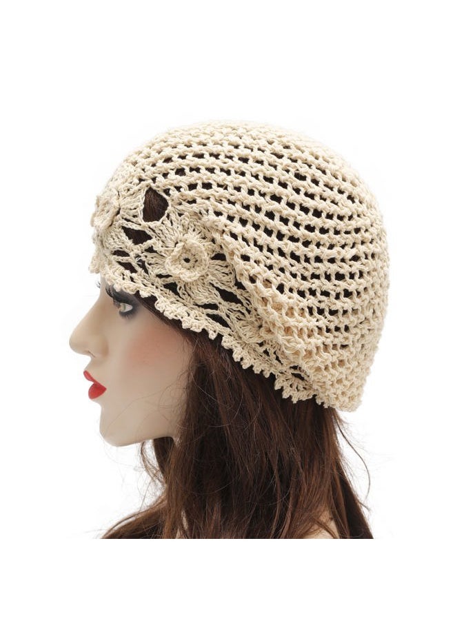 ZLYC Women Cotton Crochet Slouchy Beanie Hat Handmade Knit Cutout Summer Floral Skull Cap (Flowers Beige)  - Image 3