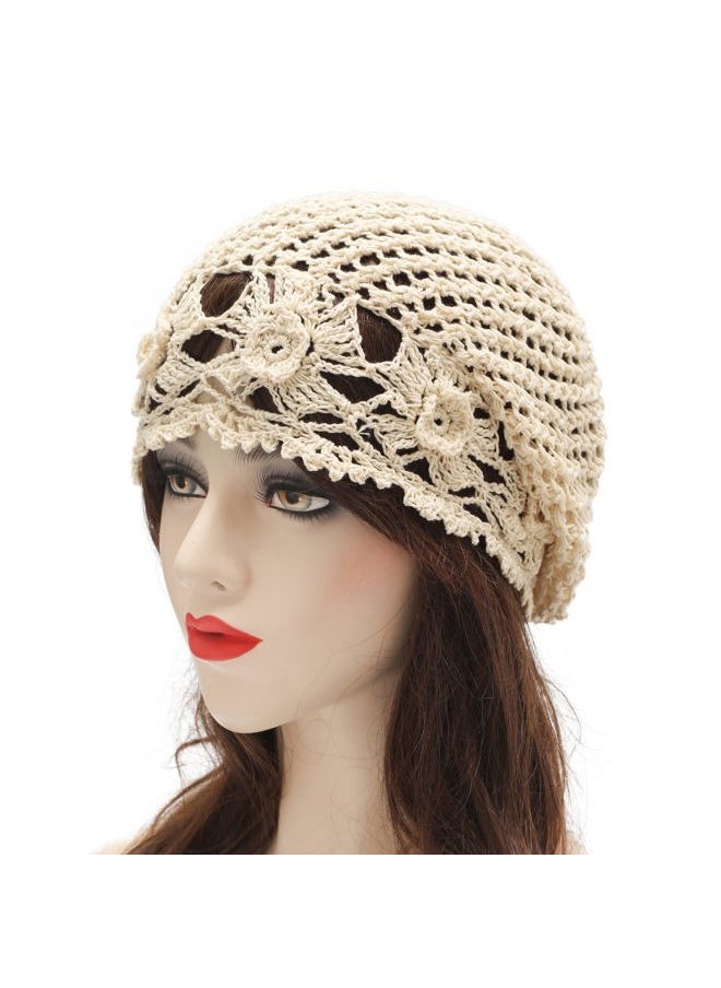 ZLYC Women Cotton Crochet Slouchy Beanie Hat Handmade Knit Cutout Summer Floral Skull Cap (Flowers Beige)  - Image 2