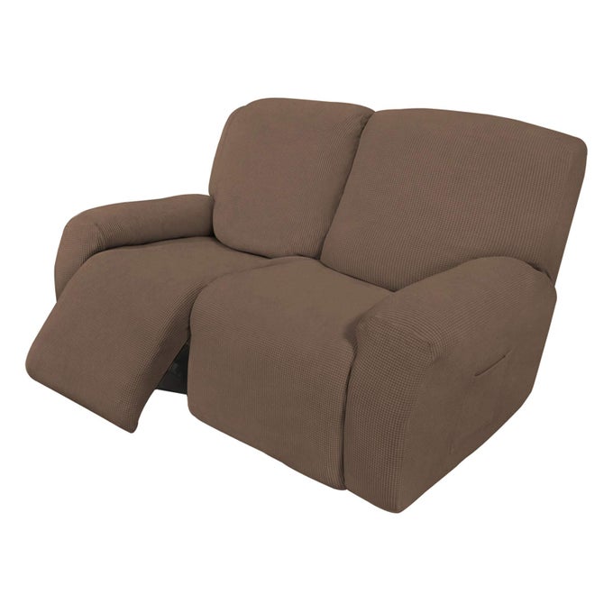EASYGOING 6 PIECES RECLINER LOVESEAT STRETCH SOFA SLIPCOVER SOFA COVER FURNITURE PROTECTOR COUCH SOFT WITH ELASTIC BOTTOM KIDS SPANDEX JACQUARD FABRIC SMALL CHECKS BROWN