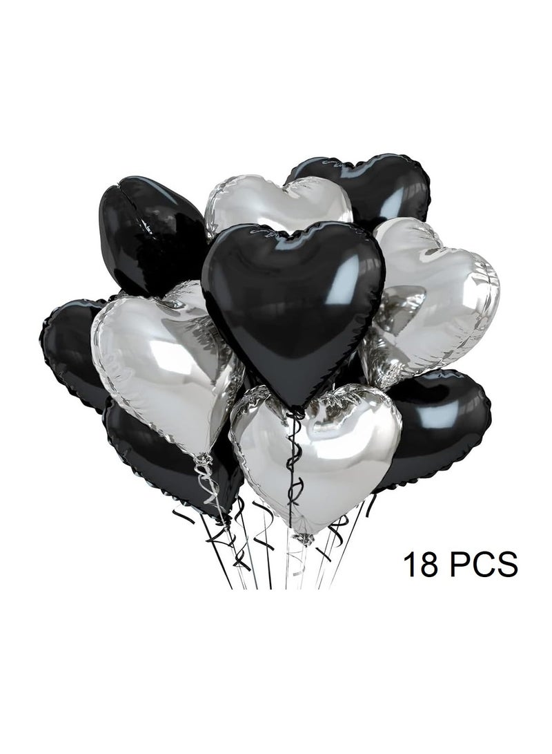 بوكسوودس 18 قطعة من البالونات المعدنية على شكل قلب باللونين الأسود والفضي مقاس 18 بوصة لتزيين حفلات أعياد الميلاد والذكرى السنوية والتخرج والتقاعد - Image 1