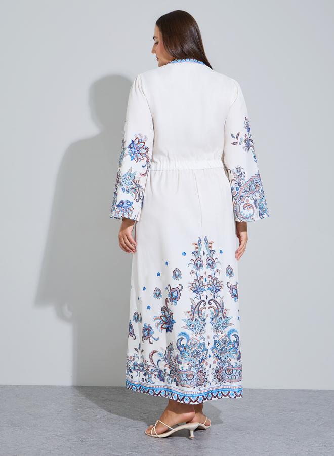 Styli Plus Size White Placement Print A-Line Maxi Dress - Image 4