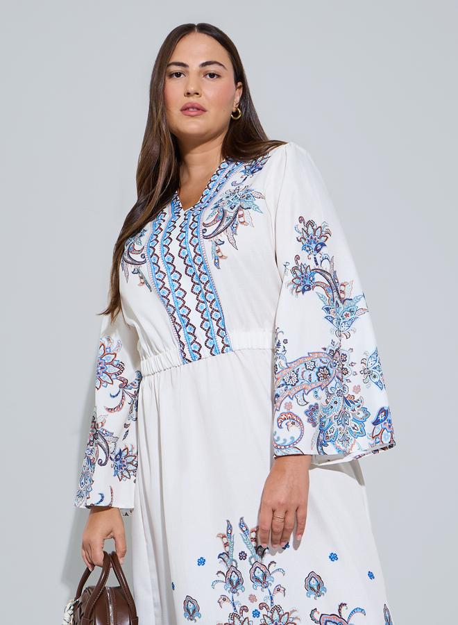 Styli Plus Size White Placement Print A-Line Maxi Dress - Image 2