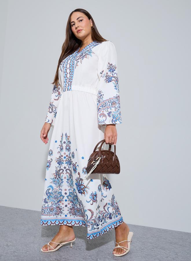 Styli Plus Size White Placement Print A-Line Maxi Dress - Image 1