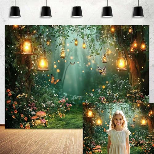 DZLGC Spring Enchanted Forest Backdrop, Fairy Tale Wonderland Garden Backdrops for Photoshoot, Mushroom Butterfly Woodland Fairy Tea Party Decorations Photo Booth Studio Props Backdrops 8X6FT - Image 2