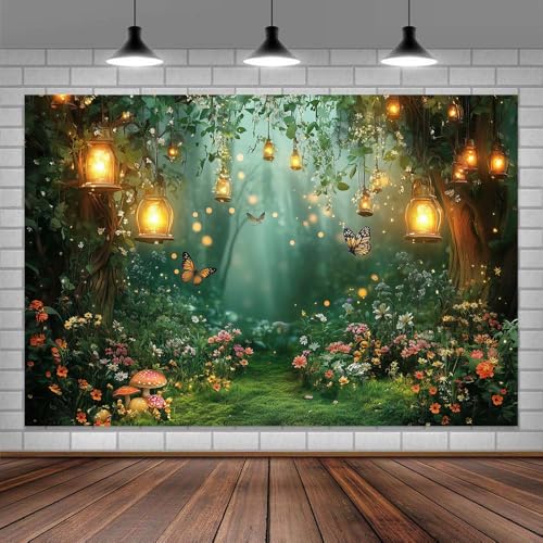 DZLGC Spring Enchanted Forest Backdrop, Fairy Tale Wonderland Garden Backdrops for Photoshoot, Mushroom Butterfly Woodland Fairy Tea Party Decorations Photo Booth Studio Props Backdrops 8X6FT - Image 4