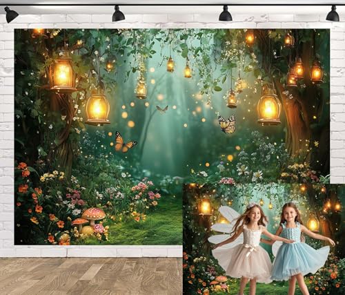 DZLGC Spring Enchanted Forest Backdrop, Fairy Tale Wonderland Garden Backdrops for Photoshoot, Mushroom Butterfly Woodland Fairy Tea Party Decorations Photo Booth Studio Props Backdrops 8X6FT - Image 1