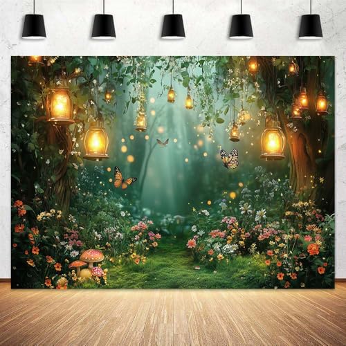 DZLGC Spring Enchanted Forest Backdrop, Fairy Tale Wonderland Garden Backdrops for Photoshoot, Mushroom Butterfly Woodland Fairy Tea Party Decorations Photo Booth Studio Props Backdrops 8X6FT - Image 5