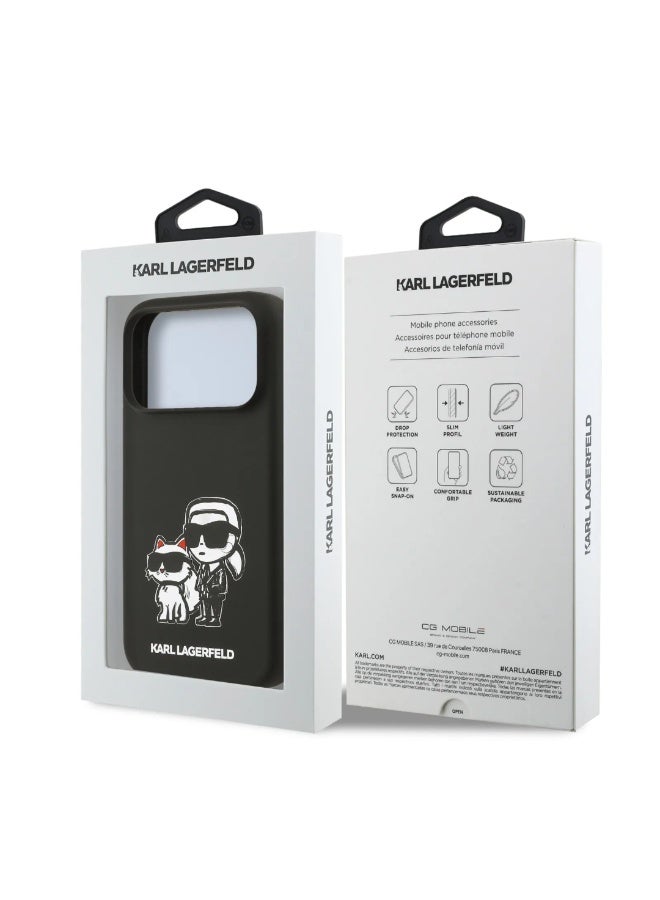 كارل لاغرفيلد جراب آيفون  برو  جراب سيليكون سائل مع رسمة كارل وشوبيت  أسود - Image 5