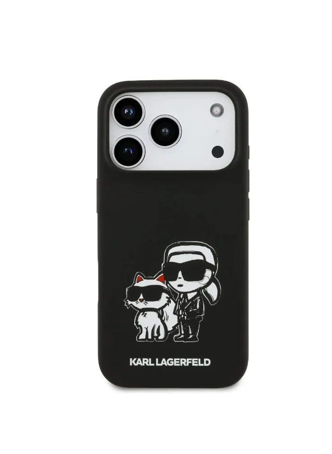 كارل لاغرفيلد جراب iPhone 17 Pro / جراب سيليكون سائل مع رسمة Karl & Choupette / أسود
