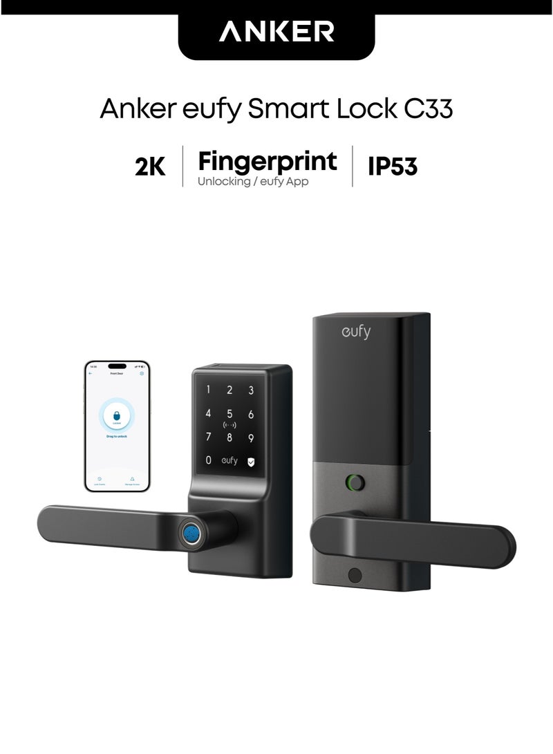 إيوفي قفل باب ذكي eufy C33 ببصمة الإصبع، بدون مفتاح مع مقبض، واي فاي مدمج، تحكم عن بُعد عبر التطبيق، مقبض بيومتري للأبواب، قفل تلقائي، مقاوم للماء IP53 - Image 1