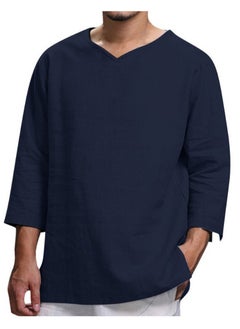 S SYMEFER Mens Linen Shirts V-Neck Cotton Grandad Shirt Long Sleeve Tops Hippie T Shirts Tops Blouse Loose Fit Basic Tunic Tops Casual Office Work Shirt, Navy Blue-XL  - Image 1