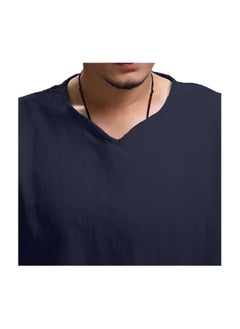 S SYMEFER Mens Linen Shirts V-Neck Cotton Grandad Shirt Long Sleeve Tops Hippie T Shirts Tops Blouse Loose Fit Basic Tunic Tops Casual Office Work Shirt, Navy Blue-XL  - Image 2