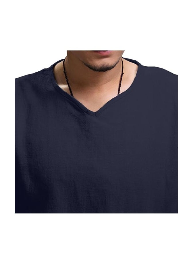 S SYMEFER - Mens Linen Shirts V-Neck Cotton Grandad Shirt Long Sleeve Tops Hippie T Shirts Tops Blouse Loose Fit Basic Tunic Tops Casual Office Work Shirt, Navy Blue-XL - Image 1
