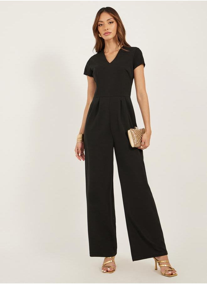 Styli Solid V Neck Pleated Wide Leg Jumpsuit  - Image 2
