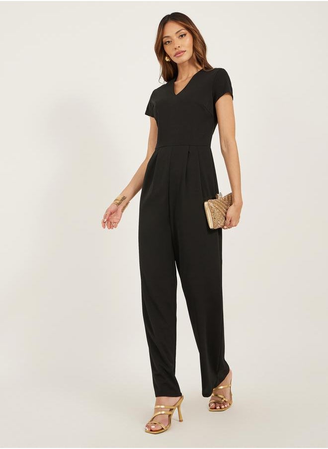 Styli Solid V Neck Pleated Wide Leg Jumpsuit  - Image 1