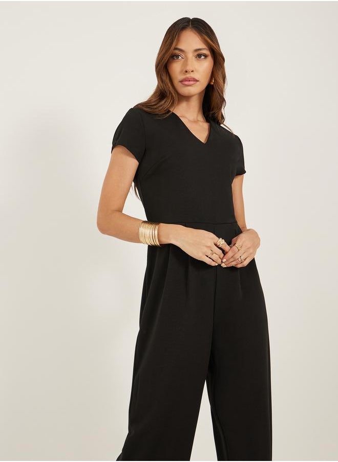 Styli Solid V Neck Pleated Wide Leg Jumpsuit  - Image 3
