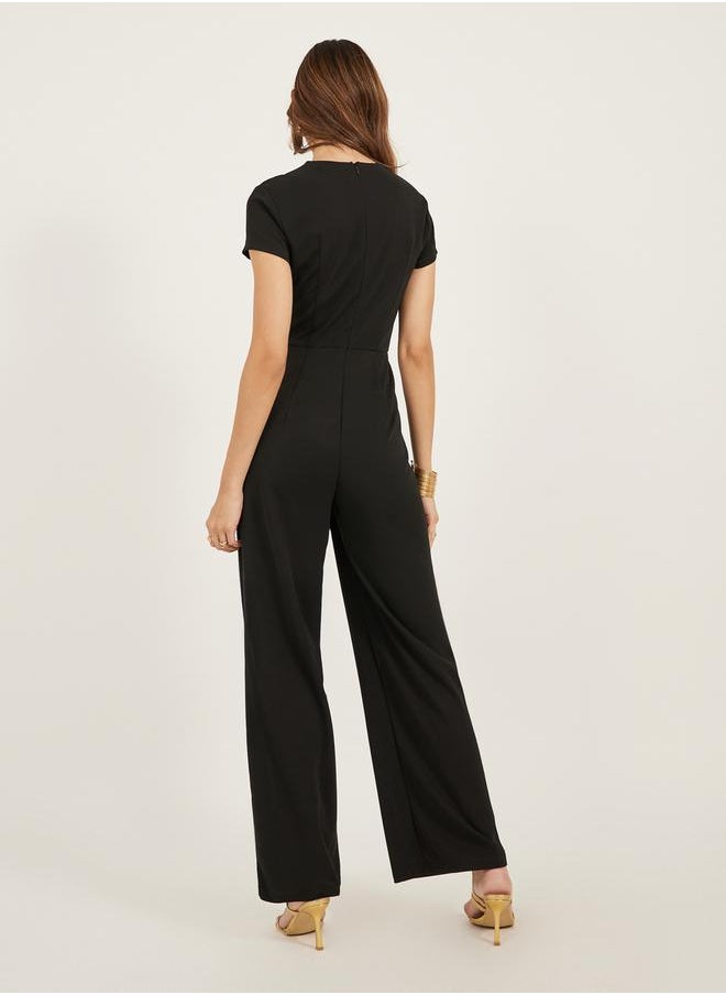 Styli Solid V Neck Pleated Wide Leg Jumpsuit  - Image 5