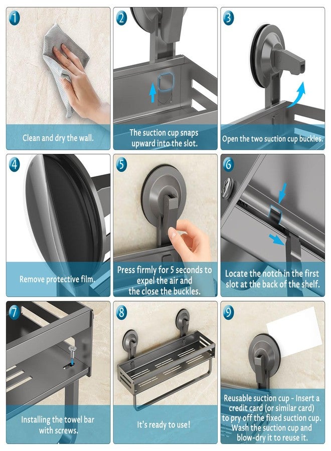 Onemake Shower Caddy Suction Cup, 1 Pack 15.7 inch Aluminum Suction Showers Organizer with Towel Bar & Hooks, Rustproof Shower Shelf for Inside Shower, NO-Drilling Bathroom Holder Storage Rack, Gray - Image 5