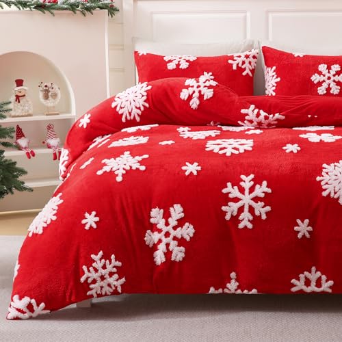 ASPMIZ 3 Piece Christmas Duvet Cover King Snowflake Jacquard King Duvet Covers Fluffy Winter Cozy Bedding Set with Zipper Closure and Ties 1 Comforter Cover 104 x 90 2 Pillow Shams Red - Image 1