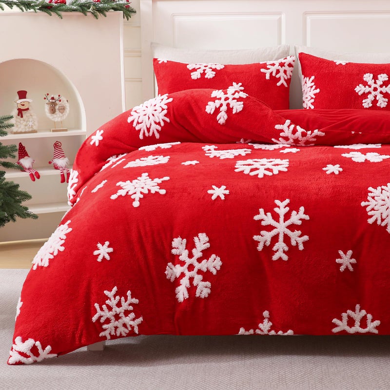 ASPMIZ 3 Piece Christmas Duvet Cover King Snowflake Jacquard King Duvet Covers Fluffy Winter Cozy Bedding Set with Zipper Closure and Ties 1 Comforter Cover 104 x 90 2 Pillow Shams Red - Image 2