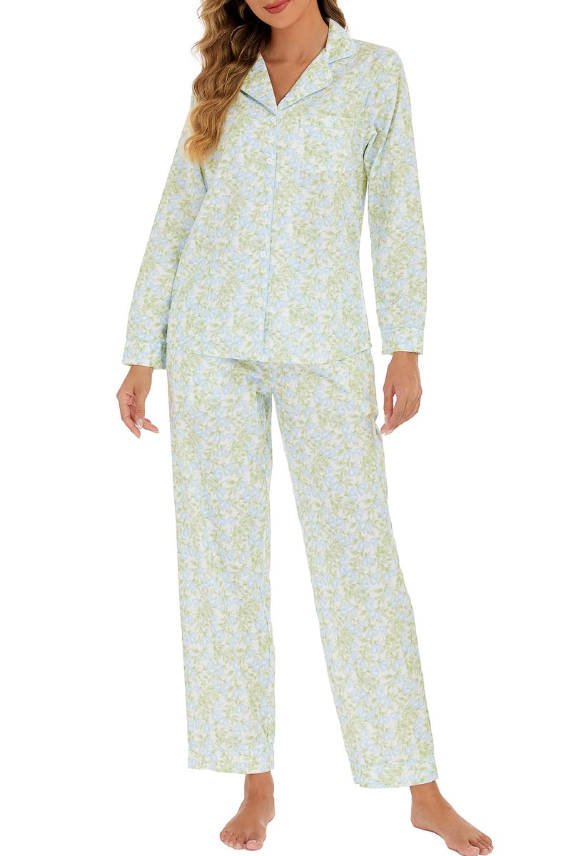 LUBOT 100% Cotton Pajamas for Women 2PC PJ Set Poplin Pajama Set Woven Long Sleeve Button-Down Two Piece Printed Sleepwear Loungewear Set (Blue Hibiscus, L) - Image 1