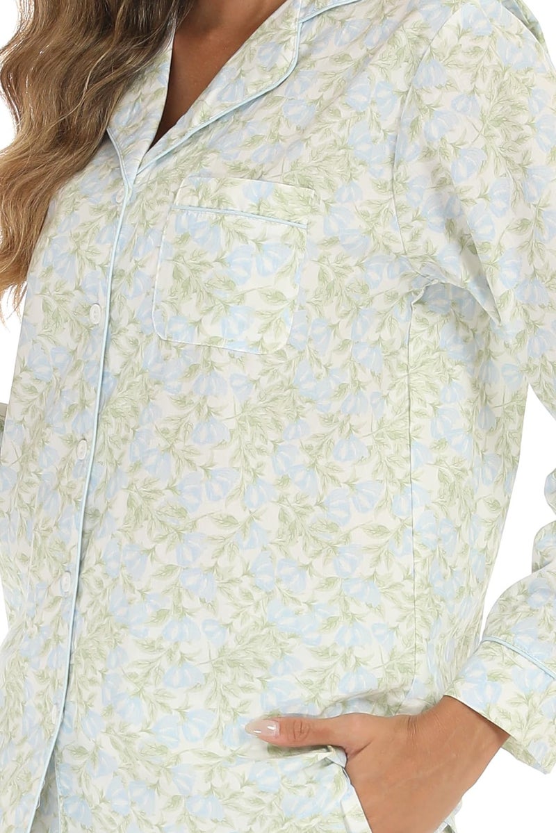 LUBOT 100% Cotton Pajamas for Women 2PC PJ Set Poplin Pajama Set Woven Long Sleeve Button-Down Two Piece Printed Sleepwear Loungewear Set (Blue Hibiscus, L) - Image 2