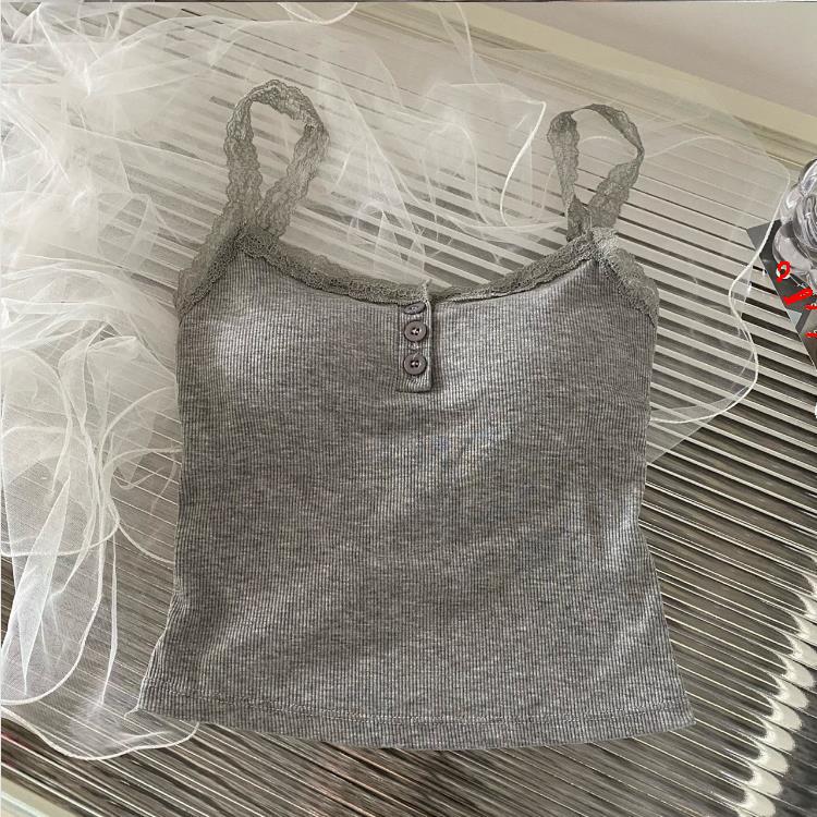 Plus size chubby girl pure desire lace small sling summer bottoming vest top with chest pad wrapped chest lace sling Gray [high quality version with chest pad]] 
