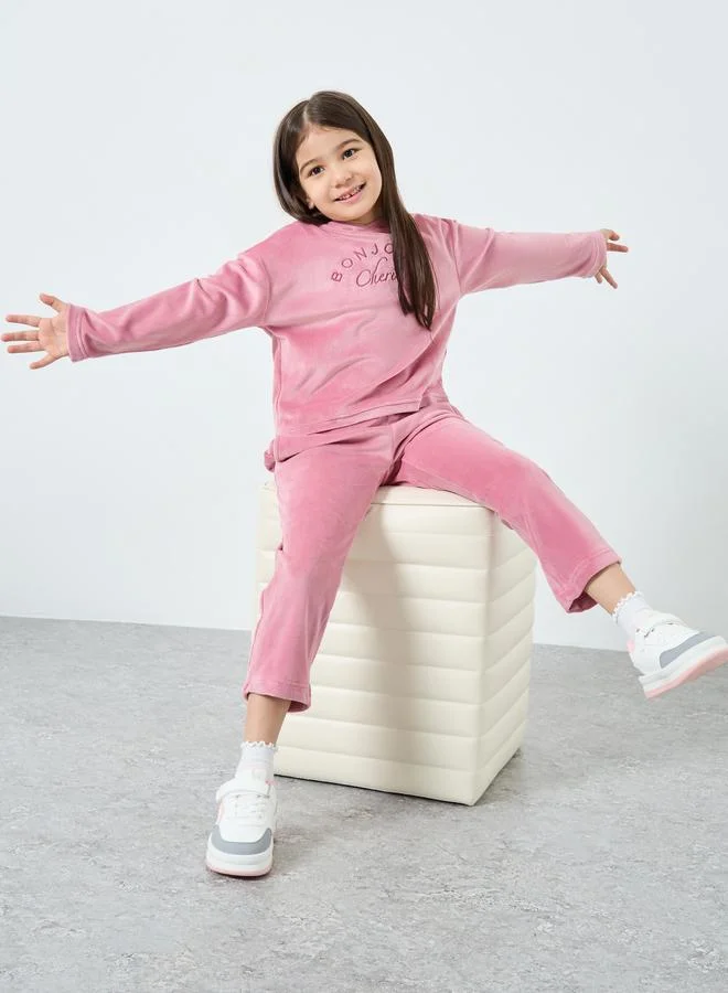 Styli Styli Pink Embroidered Velour Sweatshirt and Joggers Set