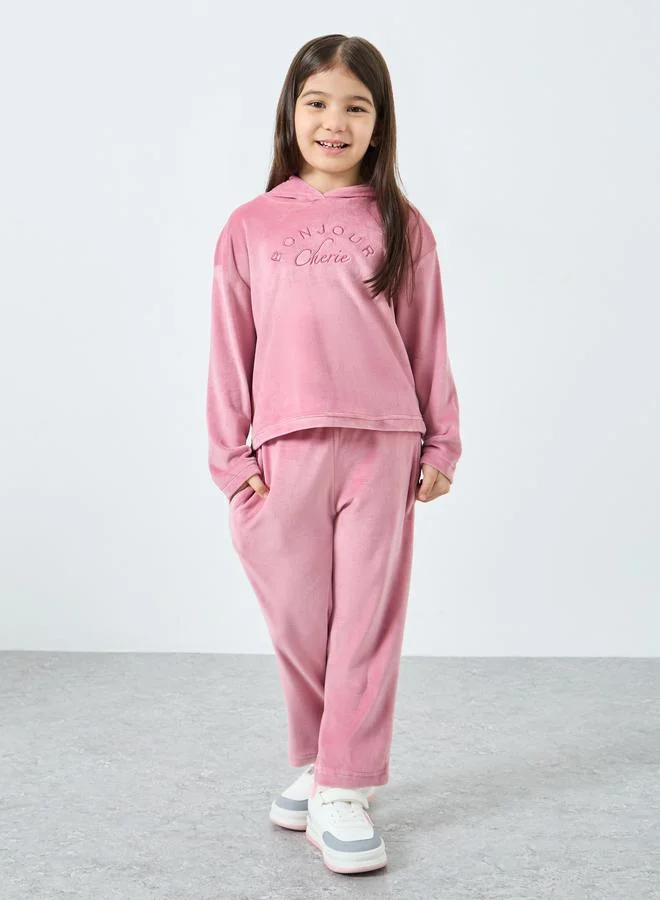 Styli Styli Pink Embroidered Velour Sweatshirt and Joggers Set