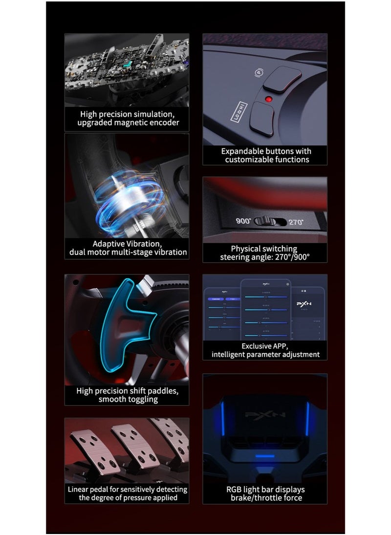 V9 GEN2 Racing Steering Wheel Bundle – 270° & 900° Dual-Mode Wheel, 3-Pedal Set (Hall Effect), 6+R Gear Shifter – Multi-Platform (PC/Xbox/PS4/Switch) – Dual Motor Vibration, Magnetic Encoder, RGB Lighting & Anti-Slip Base