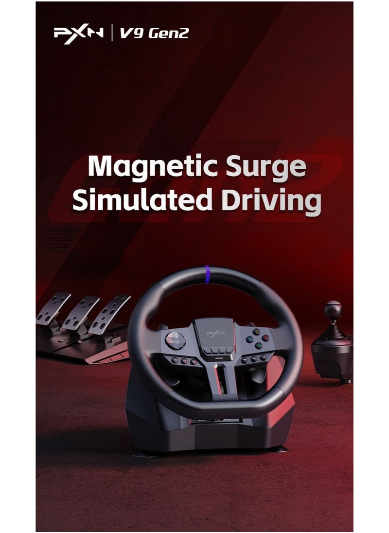 V9 GEN2 Racing Steering Wheel Bundle – 270° & 900° Dual-Mode Wheel, 3-Pedal Set (Hall Effect), 6+R Gear Shifter – Multi-Platform (PC/Xbox/PS4/Switch) – Dual Motor Vibration, Magnetic Encoder, RGB Lighting & Anti-Slip Base