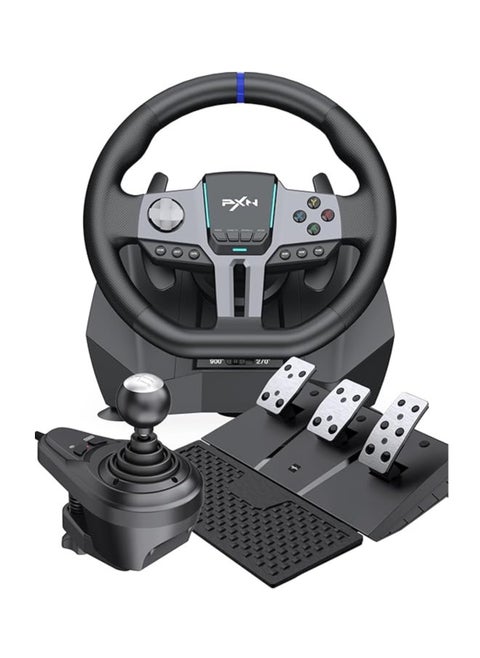 V9 GEN2 Racing Steering Wheel Bundle – 270° & 900° Dual-Mode Wheel, 3-Pedal Set (Hall Effect), 6+R Gear Shifter – Multi-Platform (PC/Xbox/PS4/Switch) – Dual Motor Vibration, Magnetic Encoder, RGB Lighting & Anti-Slip Base