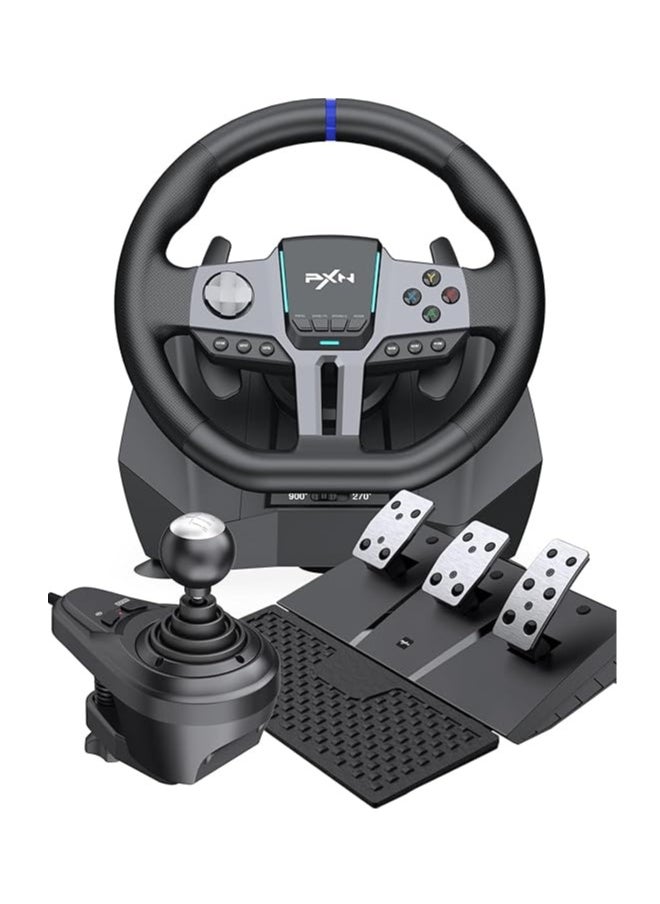 V9 GEN2 Racing Steering Wheel Bundle – 270° & 900° Dual-Mode Wheel, 3-Pedal Set (Hall Effect), 6+R Gear Shifter – Multi-Platform (PC/Xbox/PS4/Switch) – Dual Motor Vibration, Magnetic Encoder, RGB Lighting & Anti-Slip Base