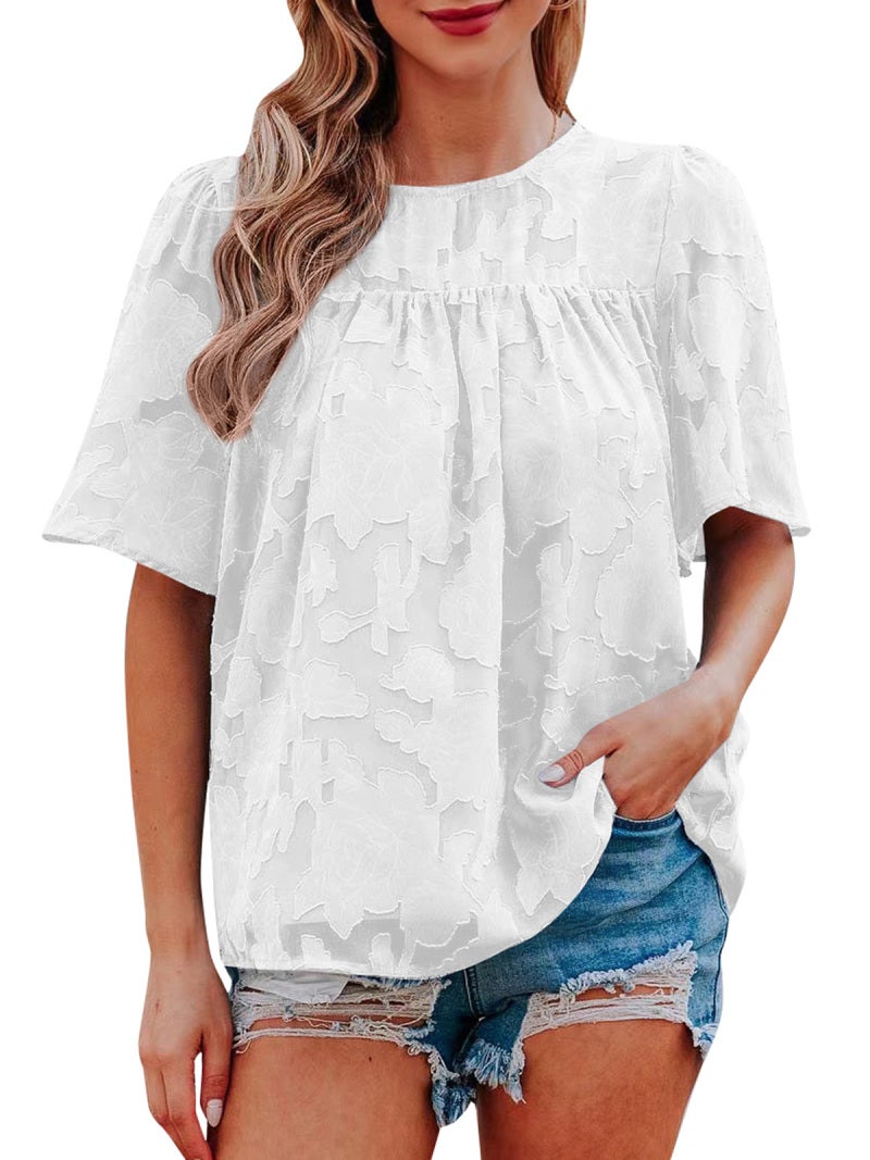 Women Floral Blouse Half Sleeves Flared Loose Shirts for Spring Summer - Image 1