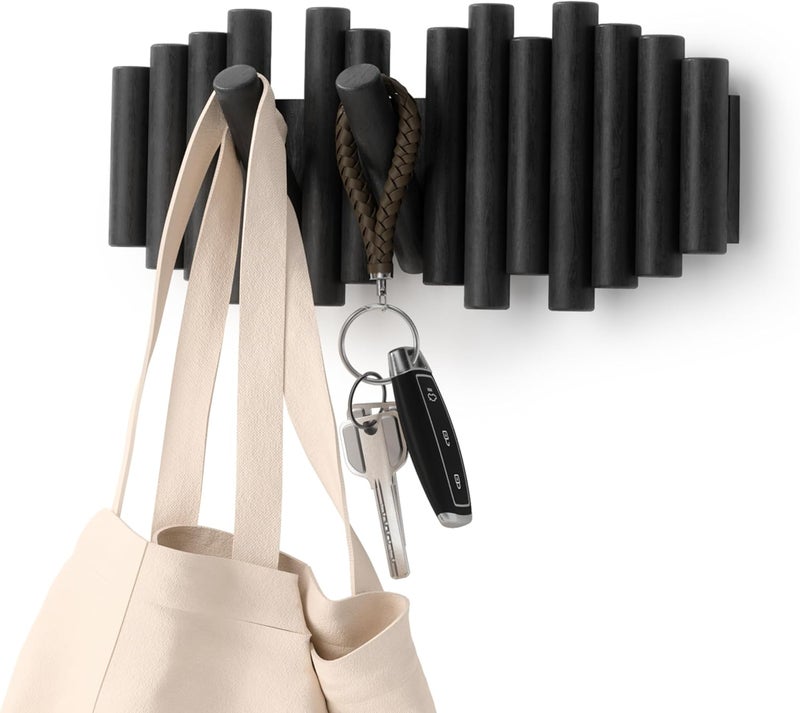 UMBRA Picket Wall-Mounted Coat Rack Rail Hook with 5 Retractable Wood Pegs – Modern, Space-Saving Storage Organizer, Black - Image 1