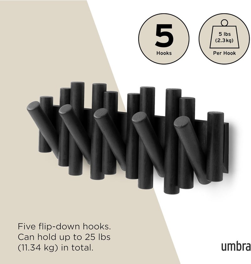 UMBRA Picket Wall-Mounted Coat Rack Rail Hook with 5 Retractable Wood Pegs – Modern, Space-Saving Storage Organizer, Black - Image 5