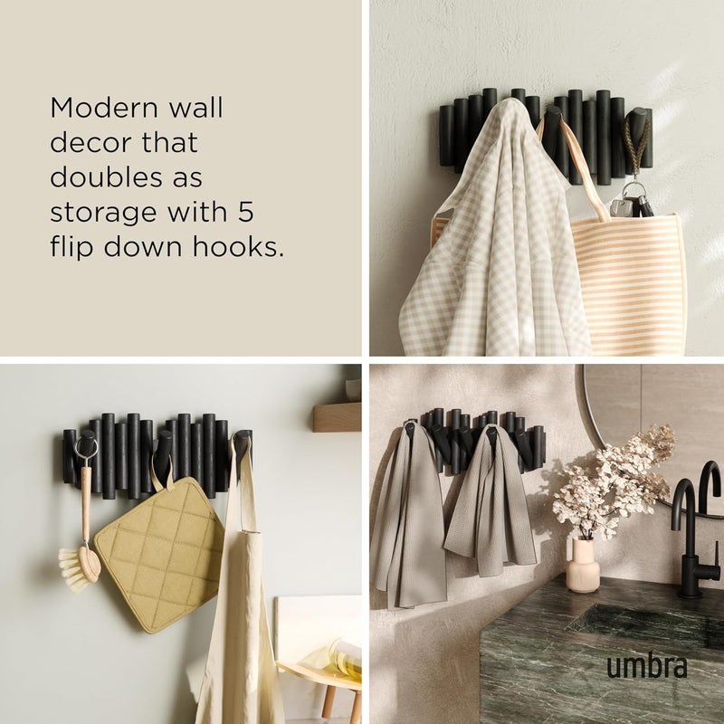 UMBRA Picket Wall-Mounted Coat Rack Rail Hook with 5 Retractable Wood Pegs – Modern, Space-Saving Storage Organizer, Black - Image 4